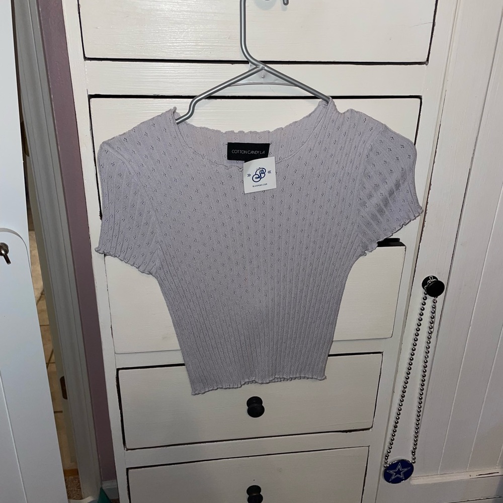 Purple-grey fitted cropped top.